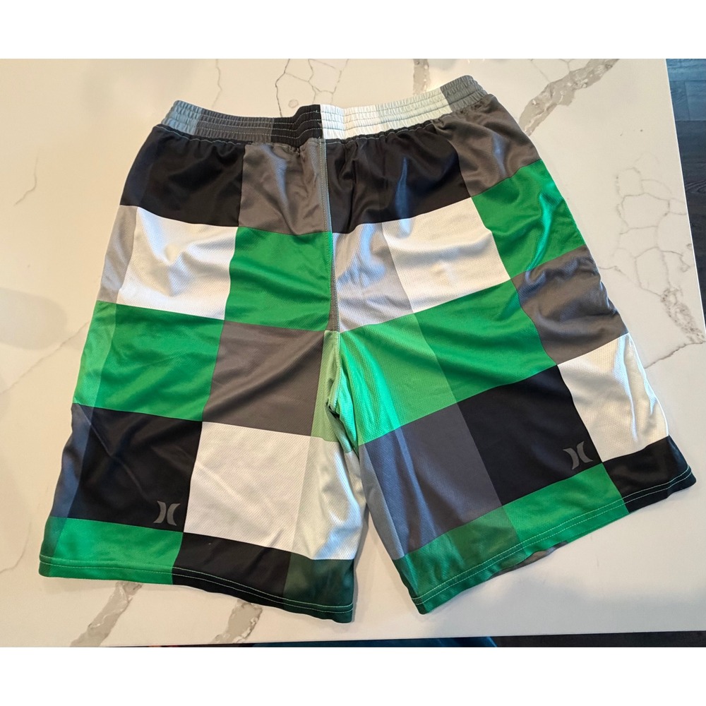 Hurley Mens Mesh Athletic Shorts Green Black Gray Checkered Block Large L - Picture 3 of 3